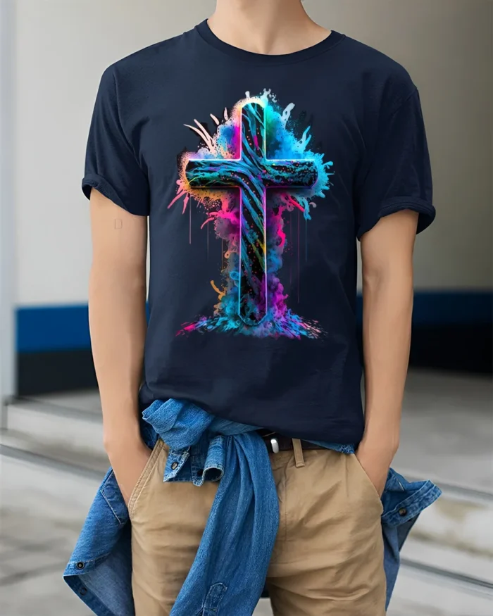Vibrant Neon Cross T-Shirt Christian Faith Graphic - model wearing navy shirt, hands in pockets