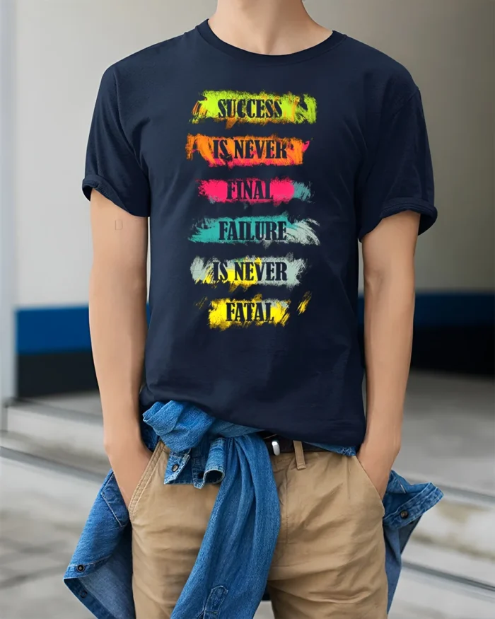 Motivational Quote T-Shirt Success Is Never Final - model wearing navy shirt, hands in pockets