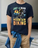 Just A Man Who Loves Mountain Biking T-Shirt - model wearing navy shirt, hands in pockets