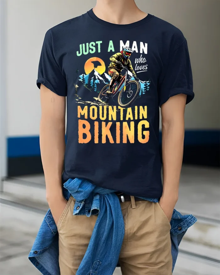 Just A Man Who Loves Mountain Biking T-Shirt - model wearing navy shirt, hands in pockets