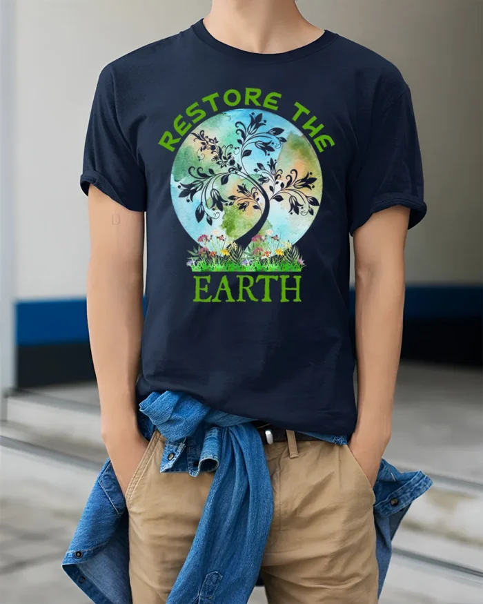 Restore The Earth T-Shirt Nature Graphic Eco Friendly - model wearing navy shirt, hands in pockets