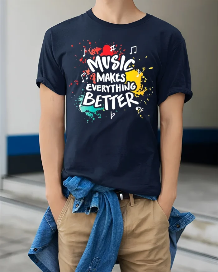 Music Makes Everything Better T-Shirt Retro Color Design - model wearing navy shirt, hands in pockets