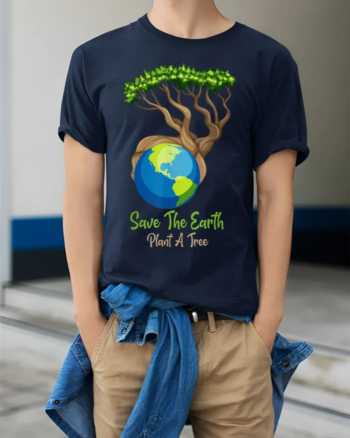 Save The Earth Plant A Tree T-Shirt Eco Nature Graphic - model wearing navy shirt, hands in pockets