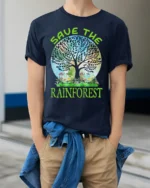 Save the Rainforest T-Shirt with Nature Tree Graphic - model wearing navy shirt, hands in pockets