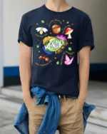 Magnified Psalm 34:3 Bible Verse Nature T-Shirt - model wearing navy shirt, hands in pockets