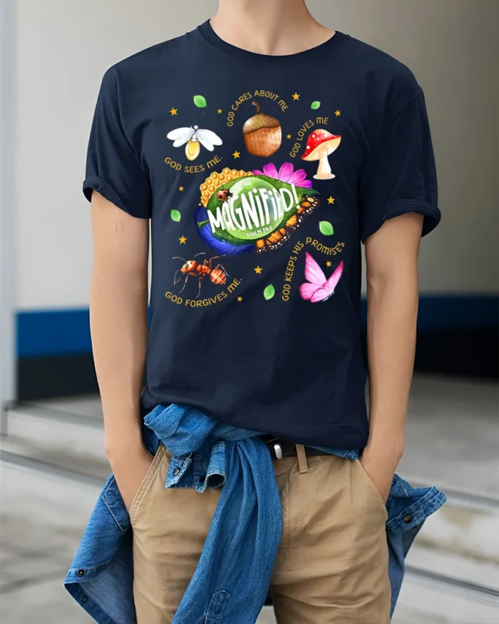 Magnified Psalm 34:3 Bible Verse Nature T-Shirt - model wearing navy shirt, hands in pockets