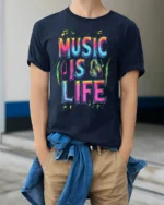 Colorful Music Is Life T-Shirt for Musicians and Fans - model wearing navy shirt, hands in pockets
