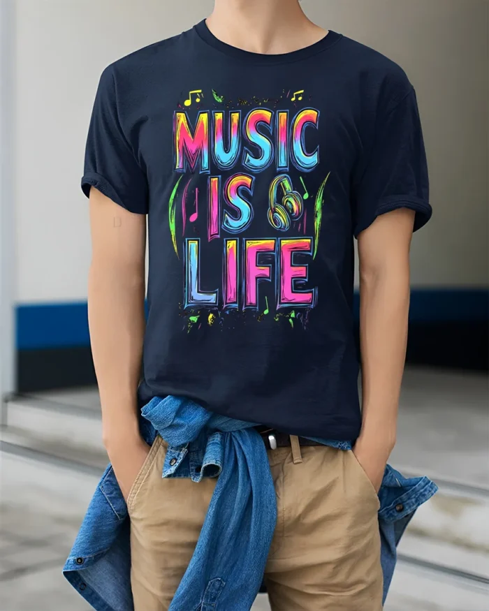 Colorful Music Is Life T-Shirt for Musicians and Fans - model wearing navy shirt, hands in pockets