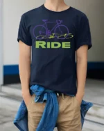 Retro Bike RIDE Graphic T-Shirt for Cyclists and Riders - model wearing navy shirt, hands in pockets