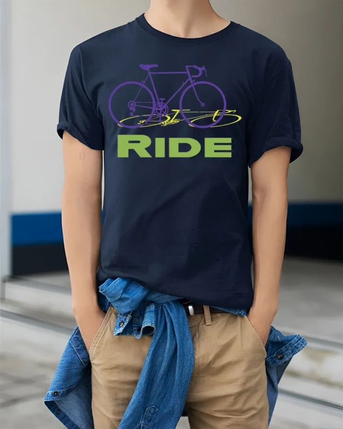 Retro Bike RIDE Graphic T-Shirt for Cyclists and Riders - model wearing navy shirt, hands in pockets