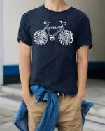 Typography Bike Word Art Cycling T-Shirt for Riders - model wearing navy shirt, hands in pockets