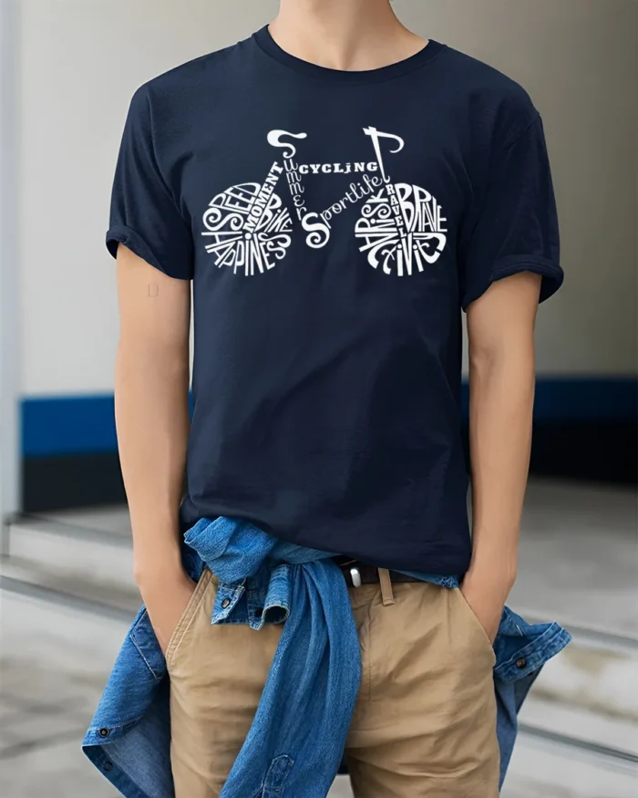 Typography Bike Word Art Cycling T-Shirt for Riders - model wearing navy shirt, hands in pockets