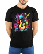 Neon Skull Guitar T-Shirt for Rock Music Lovers - model wearing black shirt, hands behind back
