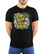 Drink Beer Avoid Morons Funny Summer Skull T-Shirt - model wearing black shirt, hands behind back