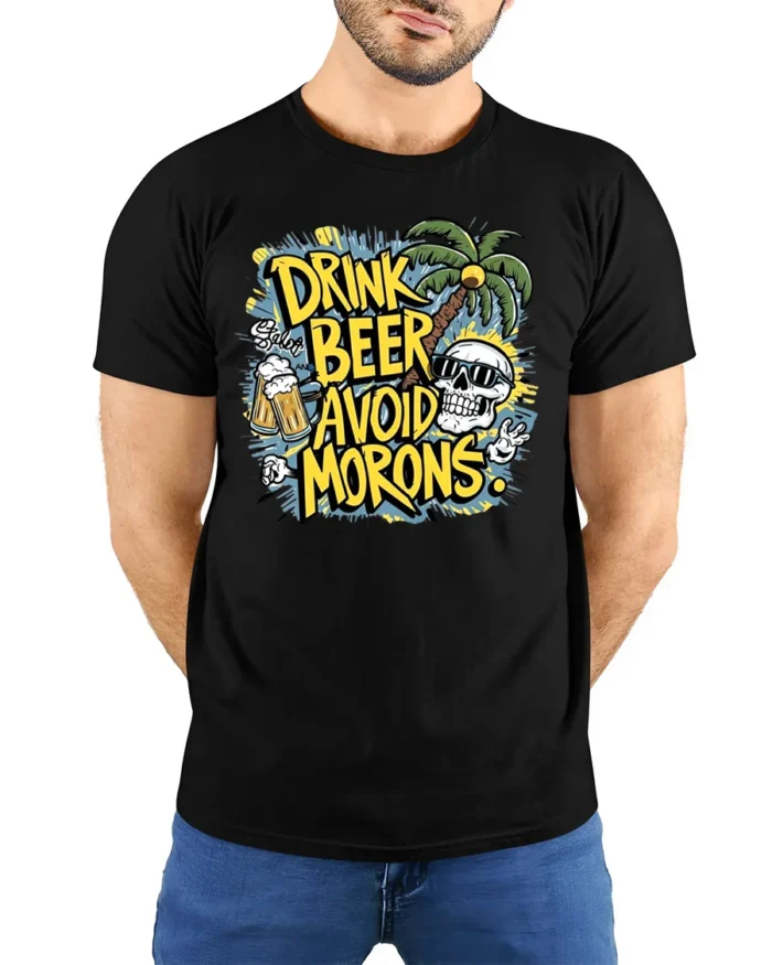 Drink Beer Avoid Morons Funny Summer Skull T-Shirt - model wearing black shirt, hands behind back