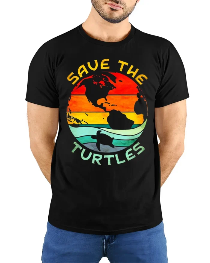 Save The Turtles T-Shirt Retro Earth Ocean Graphic - model wearing black shirt, hands behind back
