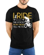 I Ride Because the Voices T-Shirt Funny Biker Quote - model wearing black shirt, hands behind back