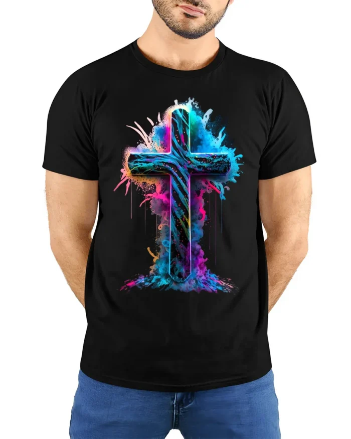 Vibrant Neon Cross T-Shirt Christian Faith Graphic - model wearing black shirt, hands behind back