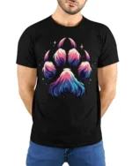 Galaxy Paw Print T-Shirt Vibrant Animal Lover - model wearing black shirt, hands behind back
