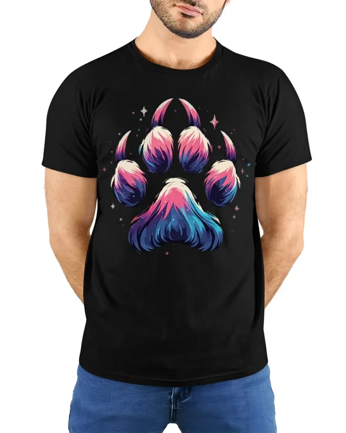 Galaxy Paw Print T-Shirt Vibrant Animal Lover - model wearing black shirt, hands behind back