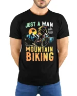 Just A Man Who Loves Mountain Biking T-Shirt - model wearing black shirt, hands behind back
