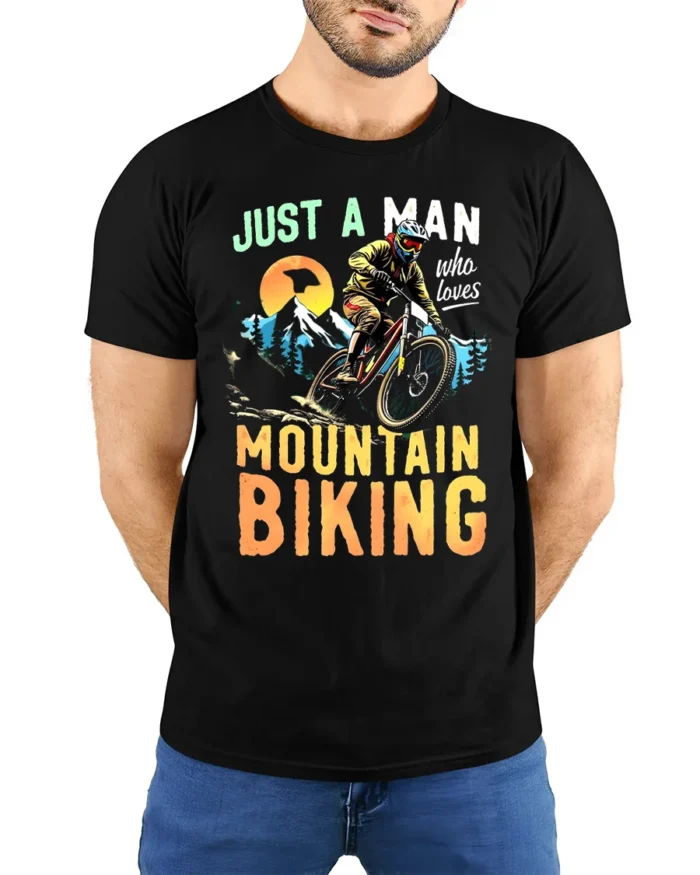 Just A Man Who Loves Mountain Biking T-Shirt - model wearing black shirt, hands behind back