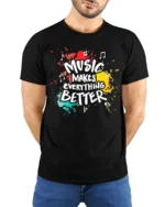 Music Makes Everything Better T-Shirt Retro Color Design - model wearing black shirt, hands behind back