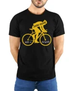 Smile More Ride a Bicycle Motivational Cycling T-Shirt - model wearing black shirt, hands behind back