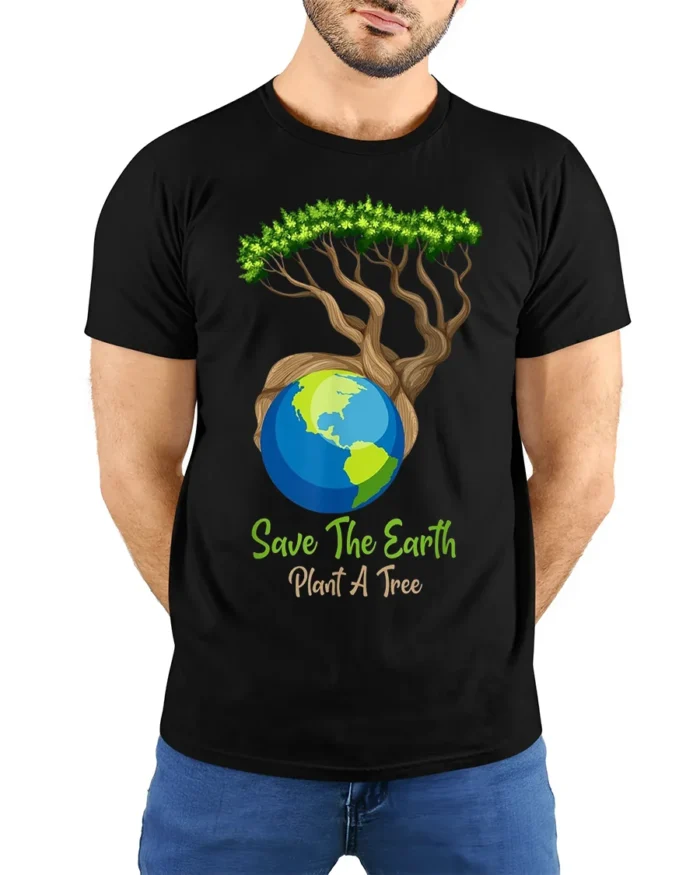 Save The Earth Plant A Tree T-Shirt Eco Nature Graphic - model wearing black shirt, hands behind back