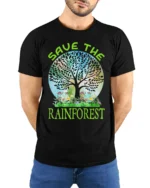 Save the Rainforest T-Shirt with Nature Tree Graphic - model wearing black shirt, hands behind back