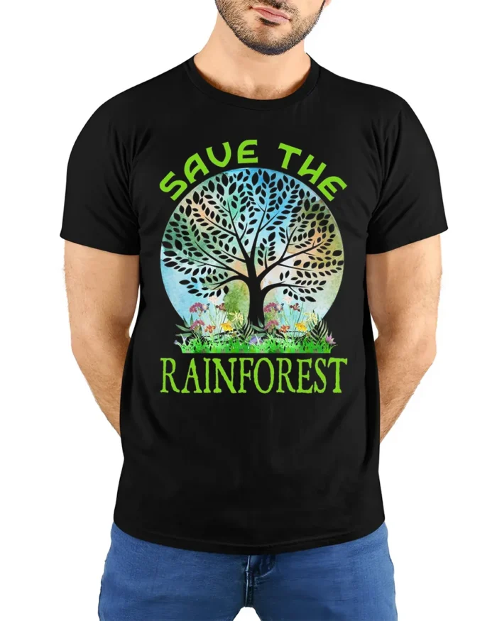 Save the Rainforest T-Shirt with Nature Tree Graphic - model wearing black shirt, hands behind back