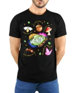 Magnified Psalm 34:3 Bible Verse Nature T-Shirt - model wearing black shirt, hands behind back