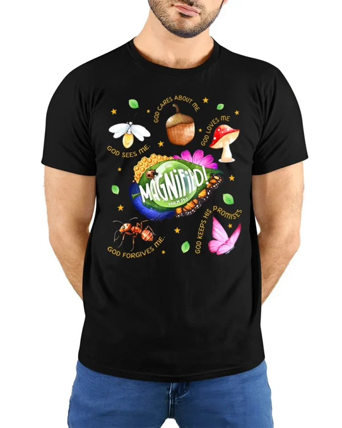 Magnified Psalm 34:3 Bible Verse Nature T-Shirt - model wearing black shirt, hands behind back