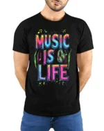 Colorful Music Is Life T-Shirt for Musicians and Fans - model wearing black shirt, hands behind back