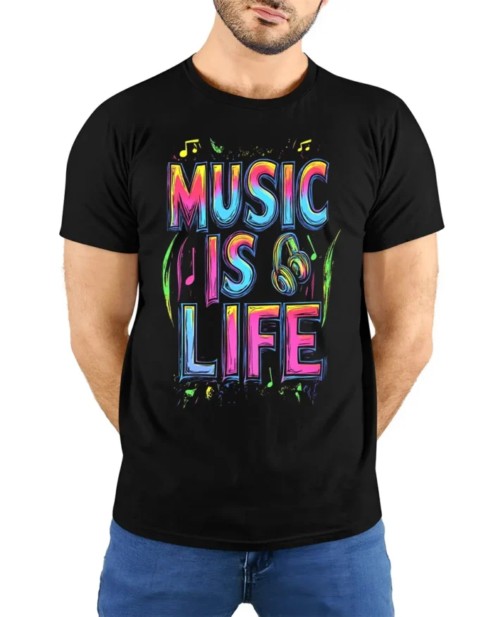 Colorful Music Is Life T-Shirt for Musicians and Fans - model wearing black shirt, hands behind back