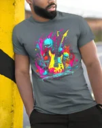 Neon Skull Guitar T-Shirt for Rock Music Lovers - model in grey shirt leaning against column