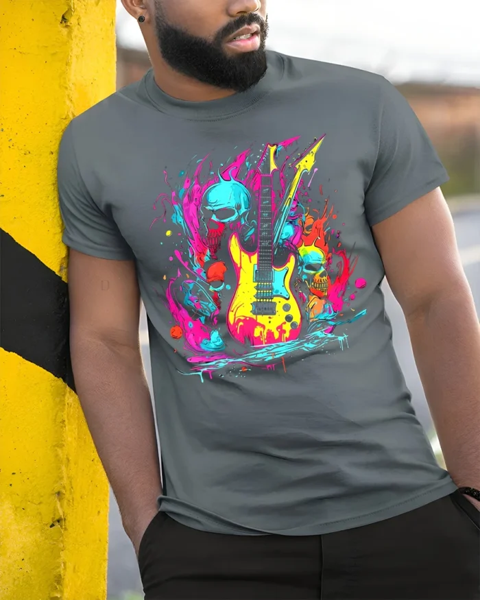 Neon Skull Guitar T-Shirt for Rock Music Lovers - model in grey shirt leaning against column