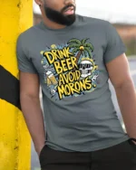 Drink Beer Avoid Morons Funny Summer Skull T-Shirt - model in grey shirt leaning against column