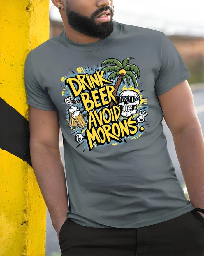 Drink Beer Avoid Morons Funny Summer Skull T-Shirt - model in grey shirt leaning against column
