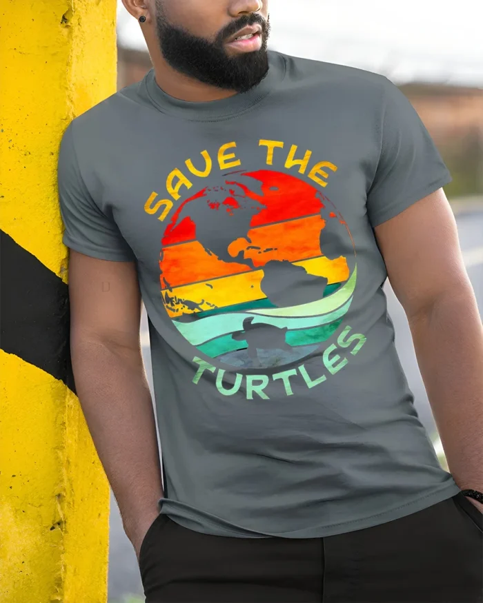 Save The Turtles T-Shirt Retro Earth Ocean Graphic - model in grey shirt leaning against column