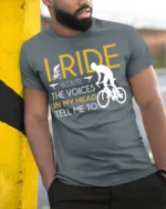 I Ride Because the Voices T-Shirt Funny Biker Quote - model in grey shirt leaning against column