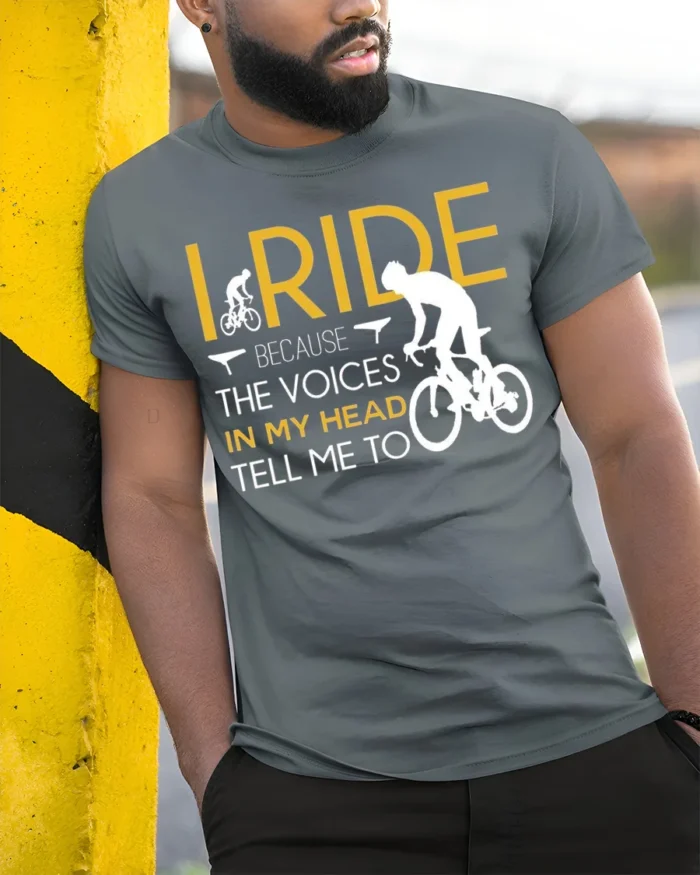 I Ride Because the Voices T-Shirt Funny Biker Quote - model in grey shirt leaning against column