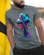 Vibrant Neon Cross T-Shirt Christian Faith Graphic - model in grey shirt leaning against column