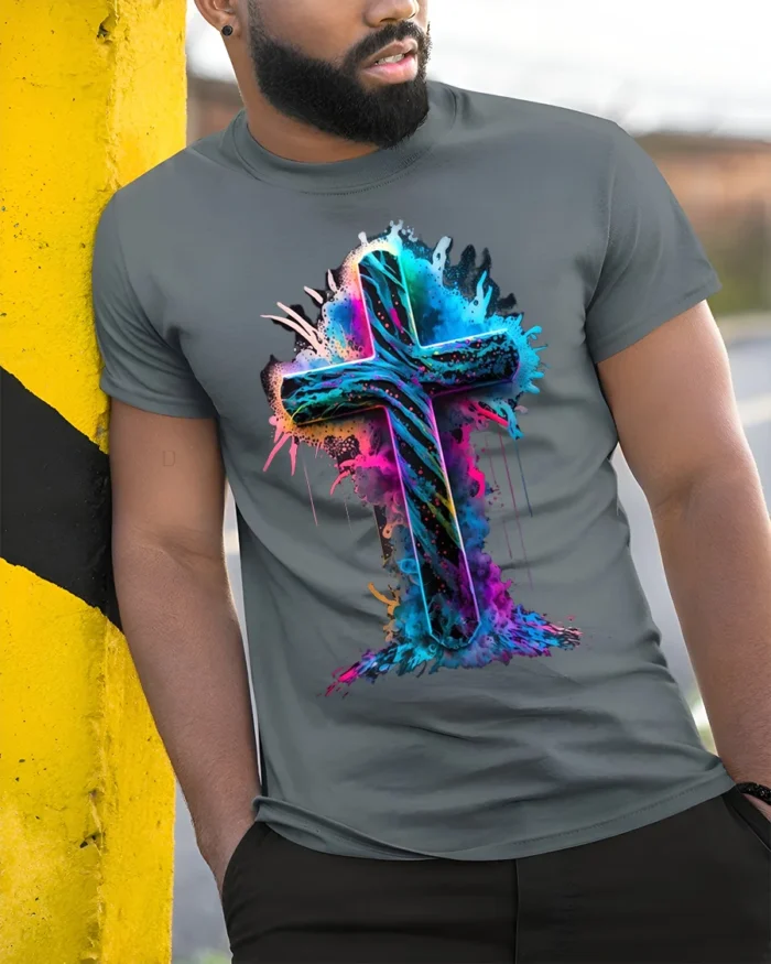 Vibrant Neon Cross T-Shirt Christian Faith Graphic - model in grey shirt leaning against column