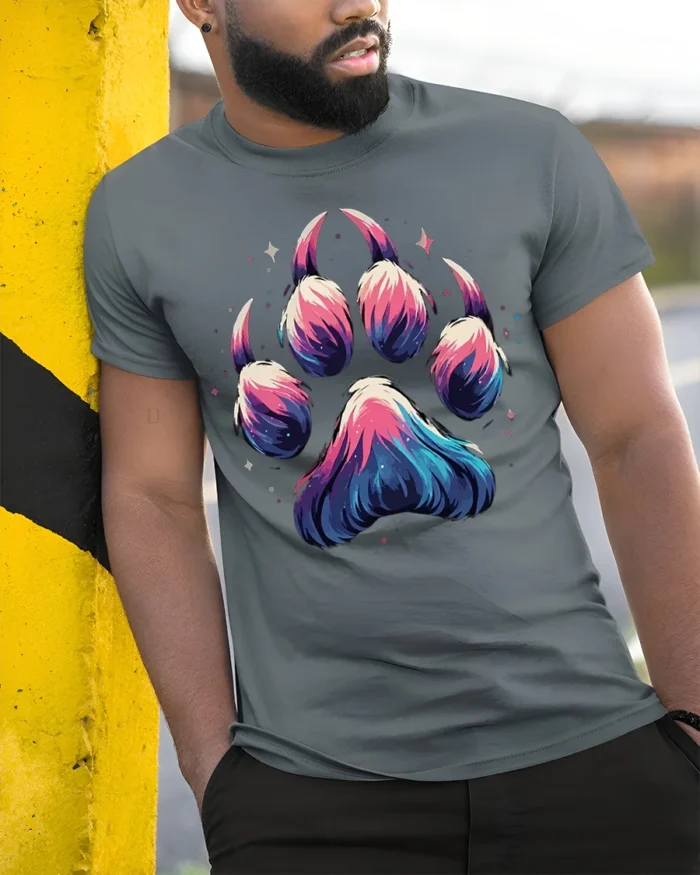 Galaxy Paw Print T-Shirt Vibrant Animal Lover - model in grey shirt leaning against column