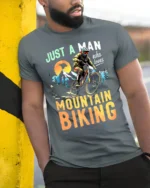 Just A Man Who Loves Mountain Biking T-Shirt - model in grey shirt leaning against column