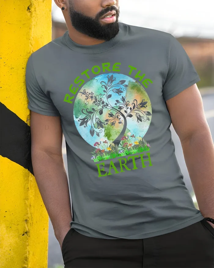 Restore The Earth T-Shirt Nature Graphic Eco Friendly - model in grey shirt leaning against column