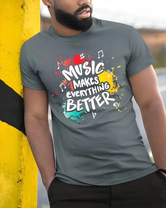 Music Makes Everything Better T-Shirt Retro Color Design - model in grey shirt leaning against column