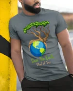 Save The Earth Plant A Tree T-Shirt Eco Nature Graphic - model in grey shirt leaning against column