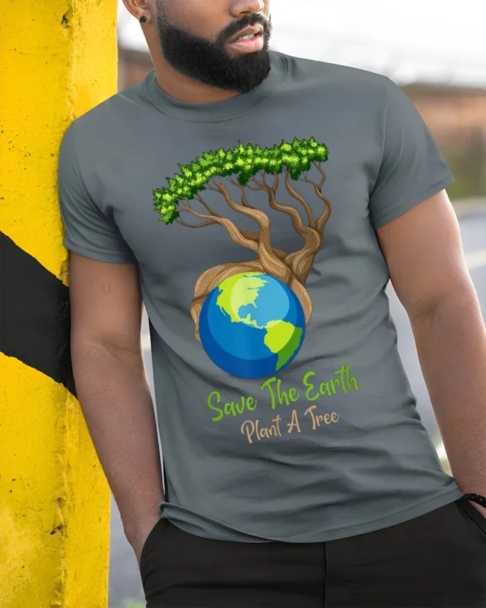 Save The Earth Plant A Tree T-Shirt Eco Nature Graphic - model in grey shirt leaning against column